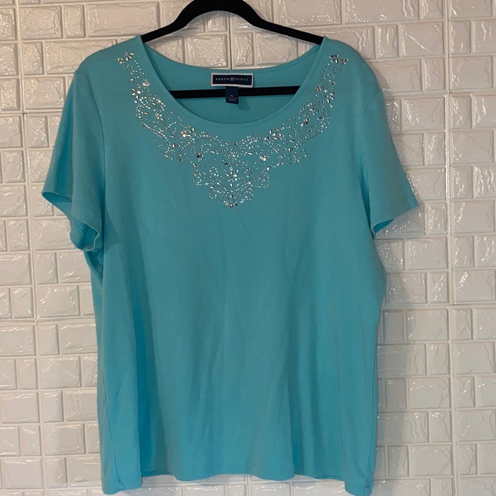 Karen Scott Short Sleeve Turquoise/Teal Blouse w/ Rhinestones Size XL